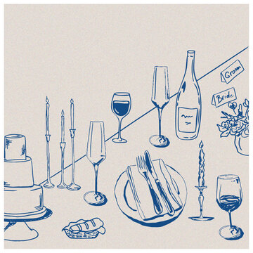 Vector illustration of tablescape with glasses, wine and candles, cake and bread. Line art of dinner table. Hand drawn sketch of table setting for invitation design, branding, stationery, printables, 