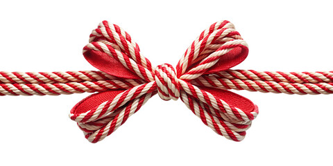 Red and white striped rope tied in a bow isolated on a transparent background