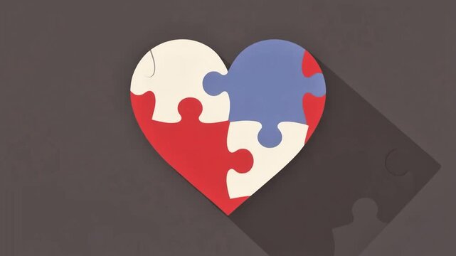 A heart-shaped puzzle with interlocking pieces in red, white, and blue, symbolizing unity and love from a top-down viewpoint