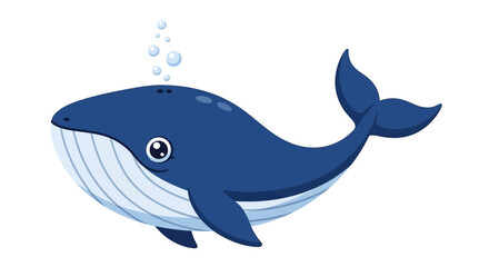 Obraz premium Blue cartoon whale illustration with bubbles on white background.