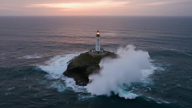 Stunning lighthouse on rocky island with dramatic ocean waves at sunset capturing nature's beauty and tranquility.