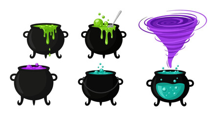 Collection of cartoon cauldrons and magical swirling potion.
