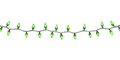 String of green Christmas lights isolated on a transparent background festive