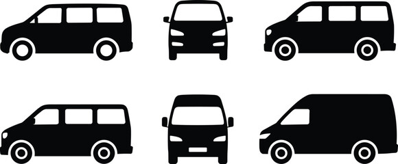 Black van silhouette icon set with front and side views, commercial minibus transport vehicle vector collection © Sophia Creatives