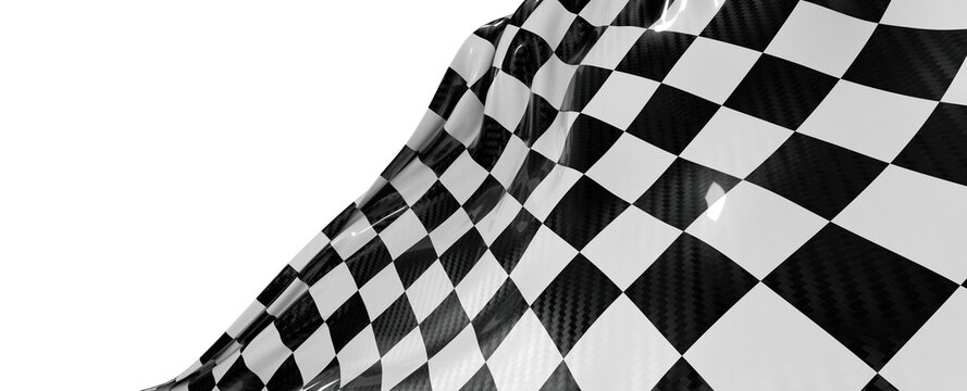 Dynamic, abstract illustration of a checkered flag with a reflective, carbon fiber-like texture. Perfect for racing, spe