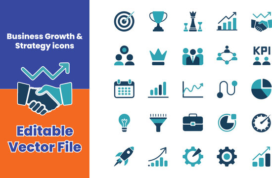 Business Growth & Strategy Solid Icon Set &ndash; 2 Color