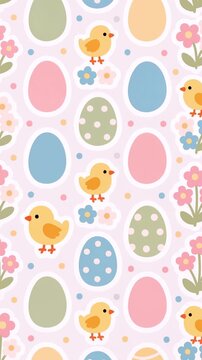 Cute Easter chicks and eggs seamless pattern animation in pastel colors