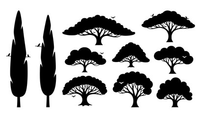 Abstract botanical tree silhouettes vector set with creative canopy patterns and birds