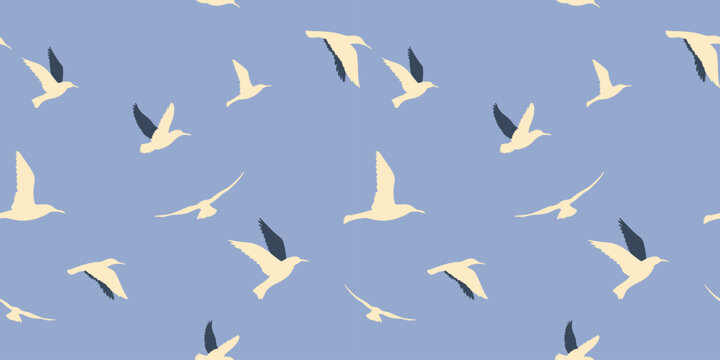 Seamless seagull pattern with hand drawn birds on blue sky background