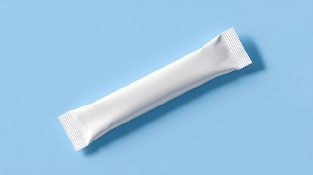 白いスティック包装パッケージのモックアップ　青背景の俯瞰撮影　サプリ・プロテイン・粉末飲料・個包装スティック　Plain white stick sachet packaging mockup, top view on blue background for supplement, protein, powder drink single-serve