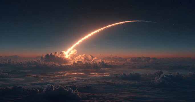 Rocket launch illuminating evening sky with glowing trail, aerospace program concept
