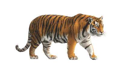 Obraz premium A beautiful white Bengal tiger with distinctive black stripes, a powerful feline predator and wild mammal, stands isolated on a white background as a majestic example of nature's big cats