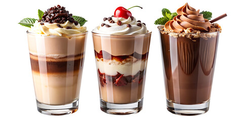 Three glasses of layered chocolate and cream desserts topped with whipped cream isolated on a transparent background