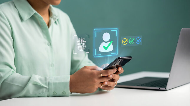 Woman uses smartphone for biometric identity verification with fingerprint scan and face ID check, secure digital access