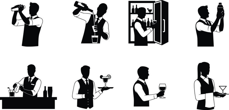 Bartender silhouette icons set showing cocktail mixing serving wine drinks bar service isolated on white background vector illustration design elements