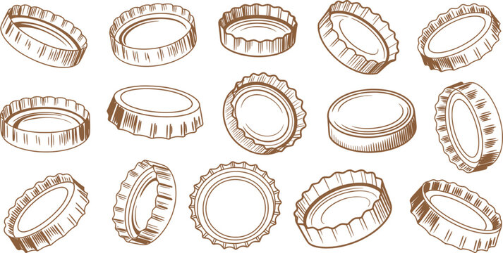 Vintage Bottle Caps Line Art Collection Metal Crown Caps Illustration.