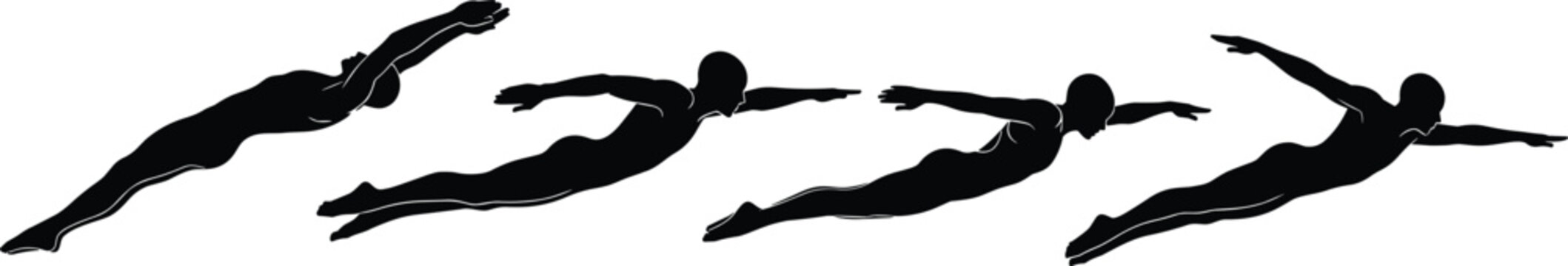 Black silhouette illustration of swimmer performing freestyle stroke sequence in side view representing swimming motion progression isolated on white background