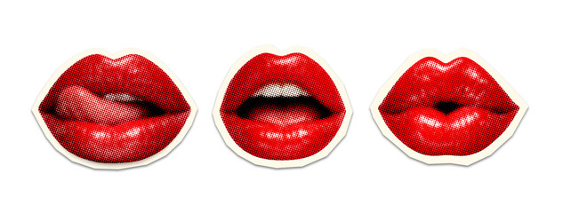 red lip and mouth pop art set with halftone texture featuring open mouth, tongue bite and kissing pose in retro comic style, isolated on transparent background