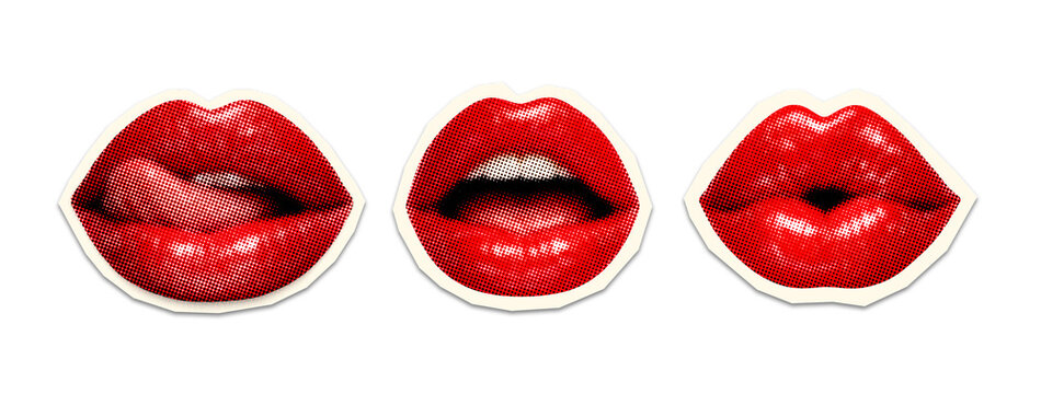 red lip and mouth pop art set with halftone texture featuring open mouth, tongue bite and kissing pose in retro comic style, isolated on transparent background
