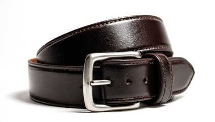 A close-up shot of a dark brown leather accessory. It's a belt with a silver-colored rectangular buckle, on a stark white backdrop