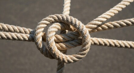 Close-up of a complex knot in thick, light beige ropes