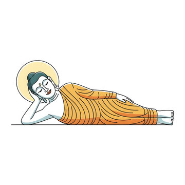Serene illustration of the Reclining Buddha, symbolizing peace and spiritual enlightenment, ideal for celebrating Buddha Purnima with reverence and tranquility