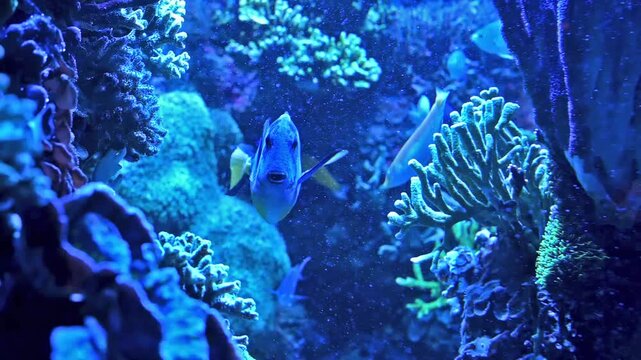 Paracanthurus hepatus Dori fish and other tropical aquarium fishes swimming in blue-lit aquarium with corals. Slow motion underwater footage video
