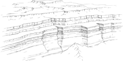 Detailed line art illustration of layered rock formations and geological strata, representing natural landscape and earth science © GraphixEra