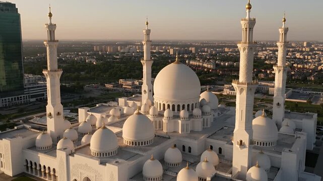 Majestic aerial view of stunning white mosque with intricate domes and minarets at sunset highlighting Islamic architecture details
