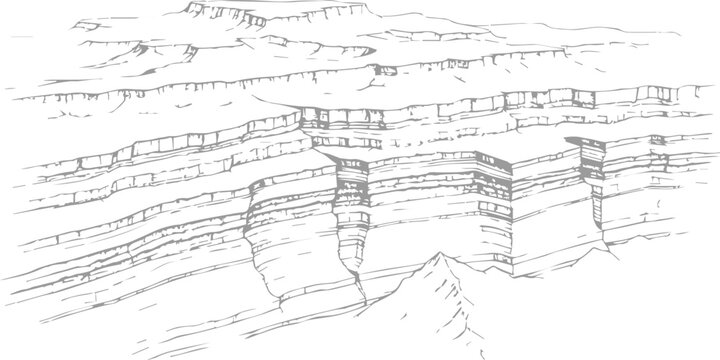 Detailed line art illustration of layered rock formations and geological strata, representing natural landscape and earth science