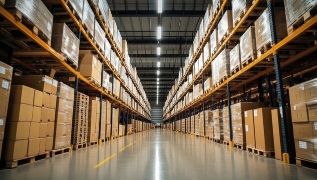Spacious warehouse interior with organized shelves stacked with cardboard boxes, industrial storage area emphasizing logistics and supply chain management