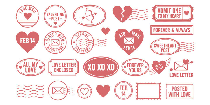 Collection of vintage valentine's day postage stamps and postmarks with romantic symbols and text in red vector illustration