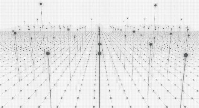 Black dots on white grid creating abstract depth perception with varying sizes