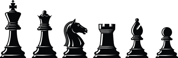 WebComplete Black Chess Piece Silhouette Set Featuring King Queen Knight Rook Bishop and Pawn Icons for Strategy Competition Board Game Branding and Intellectual Concept Graphics © Itz Mehedi's World