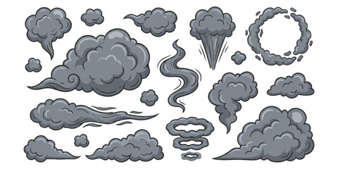 Obraz premium Collection of stylized grey smoke and cloud elements in various shapes and forms, perfect for graphic design and illustrations.