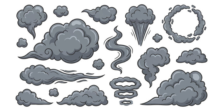Collection of stylized grey smoke and cloud elements in various shapes and forms, perfect for graphic design and illustrations.