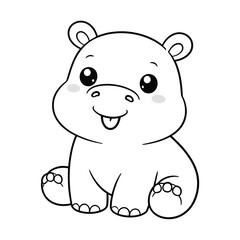 Fototapeta premium A cartoon hippopotamus sitting with a cheerful expression and big eyes, showcasing a cute illustration style, from a front viewpoint, in a simple vector format.