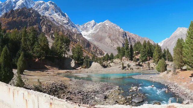 Mountain Stream Flowing Through Naltar Valley with Pine Trees and Snow-Capped Peaks, Pakistan