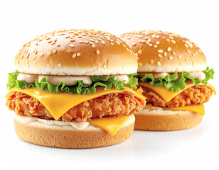 Crunchy breaded pork patty with cheddar cheese and mayo, white background. AI