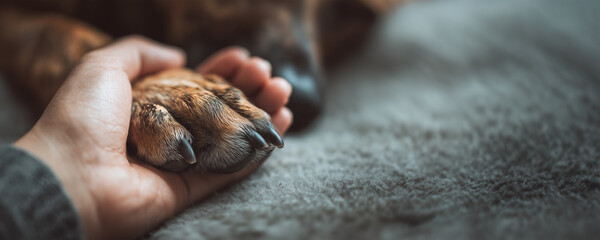 Dog paw in human hand showing empathy, care, loyalty, comfort during disease recovery, copy space