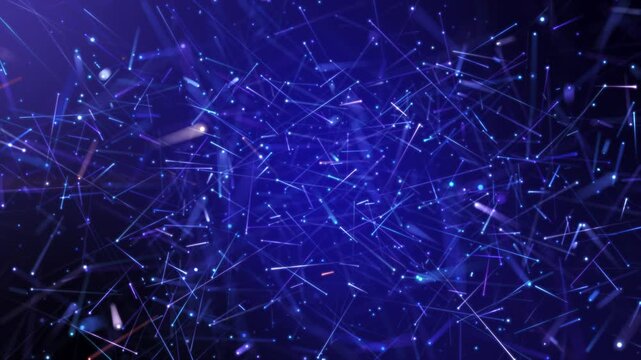 Abstract digital network background with chaotic glowing blue light trails and particle sparks.