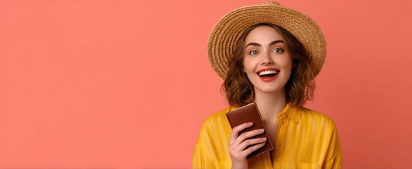 The woman holding a passport and smiling against a coral background