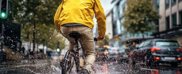The cyclist riding through a rainy city street splashing water past cars and buildings