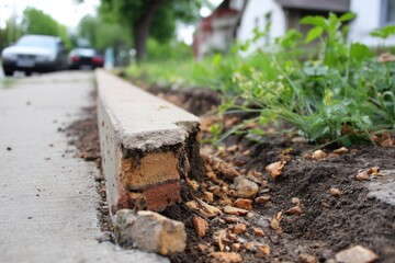 Fototapeta premium Urban Curb Edge with Chipped Concrete Surrounded by Dirt and Greenery