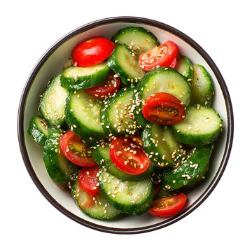 Fresh cucumber and tomato salad with sesame seeds in a bowl