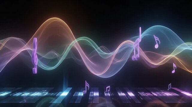 Abstract musical wave frequencies in vibrant neon colors illustrate a dynamic sound equalizer and piano keys for a modern audio visualizer background.