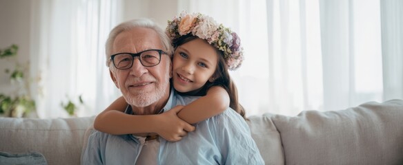 The Grandfather and Granddaughter Embracing on a Cozy Living Room Sofa