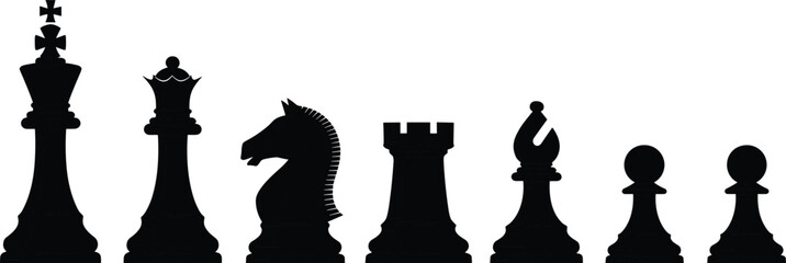 Complete Black Chess Piece Silhouette Set Featuring King Queen Knight Rook Bishop And Pawn Icons For Strategy Competition Intellectual Games And Business Metaphor Graphic Design © Itz Mehedi's World