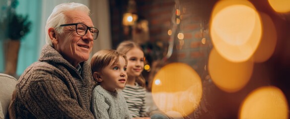 The Grandfather and Grandchildren Watching Holiday Lights and Christmas Tree Together on Sofa