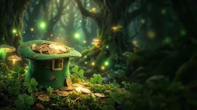 Happy irish party in forest with lucky shamrocks gold hat and distressed background